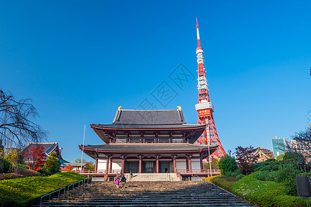 与东京塔相比 Zojoji寺庙的景象神社建筑学旅行建筑物城市蓝色天际地标文化观光图片