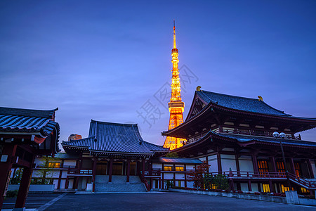 与东京塔相比 Zojoji寺庙的景象神道佛教徒崇拜入口建筑物建筑学文化神社城市天空图片