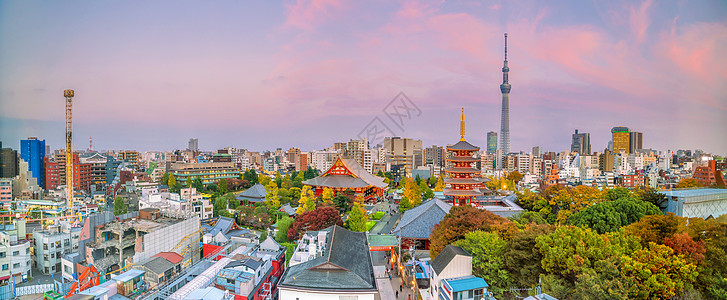 东京天线与森索济寺的视图市中心浅草景观日落天空佛教徒场景历史性吸引力建筑学图片