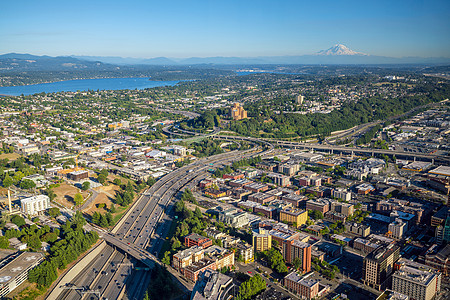 西雅图市中心天线视图日落摩天大楼天际建筑物城市场景建筑学金融办公室景观图片