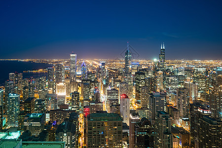 日落时芝加哥市中心天线的空中景象天际蓝色办公室景观城市市中心建筑摩天大楼酒店天文图片