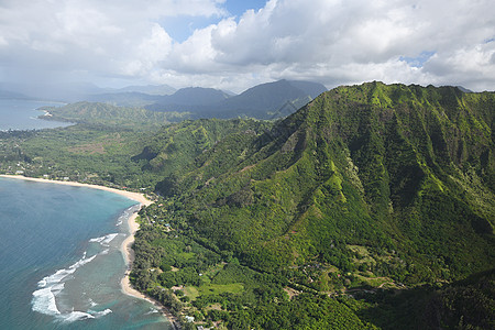 Kauai海岸景观海洋旅行天线直升机旅游海滩绿色悬崖热带崎岖图片