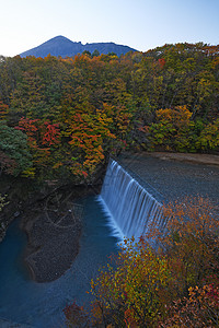 日本东北附近有水坝的秋天风景旅行叶子红色峡谷溪流黄色瀑布旅游绿色森林图片