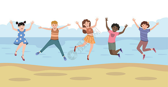5个快乐的小孩在海滩上跳跃欢乐-矢量图片