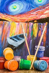 以梵高为风格的绘画用水彩色卷子 油油漆 布鲁谢塞和木制彩皮笔艺术星星夜空孩子水粉童年星座森林模拟艺术品背景图片