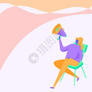 女人画拿着扩音器坐在椅子上 双腿交叉 背着扩音器音频设备坐在长椅上人士乐趣技术推介会活动快乐庆典女性卡通片墙纸图片