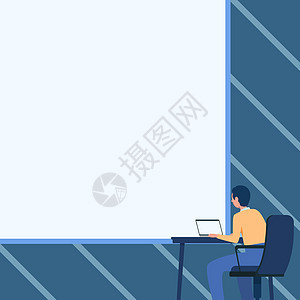 男子绘图坐在扶手椅上使用笔记本电脑放在桌子上与大空白白板 绅士设计坐着使用便携式计算机面对大空板成人椅子男性业务成功卡通片企业家图片