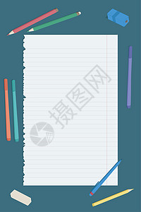逼真的空白内衬纸页与阴影与和钢笔在它周围在蓝色背景上 从笔记本上撕下的内衬页 教育学校设计模板 矢量图图片