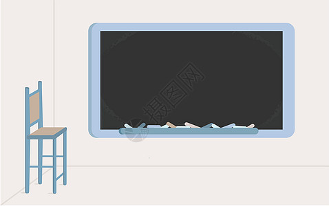 教室里空荡荡的学校黑板 上面有粉笔和简单的高脚椅 回到学校概念椅子演讲架子学生蓝色地面教学考试桌子木板图片