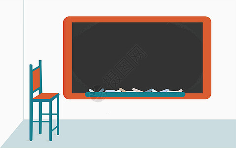 教室里空荡荡的学校黑板 上面有粉笔和简单的高脚椅 回到学校概念大学框架训练桌子房间插图教学蓝色学习椅子图片