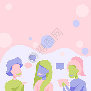 快乐的朋友绘图站着用泡泡和平板电脑互相交谈 同事设计站互相交谈进行有趣的对话家庭教育女性成人创造力蓝色技术图形男人微笑图片