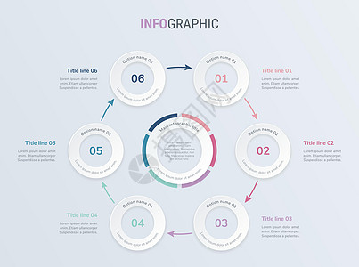 圆形图表模板矢量图复古时间线信息图表设计矢量  6 步圆形工作流布局 矢量图时间线模板社交箭头流动空白工作一体化推介会日程媒体报告插画