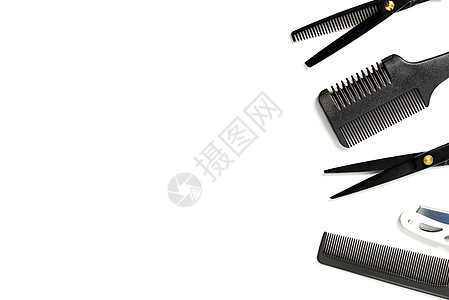 剪刀和理发服务梳子上的白色布局黑色塑料工具成套剪辑创造力框架乐器发型美容院图片