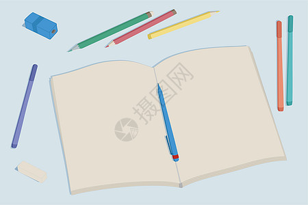 打开带有空白页背景的笔记本 供您设计学校用品创意开始创作 白色背景上的矢量卡通平面插图笔记记事本床单工具铅笔教育职场商业软垫绘画图片
