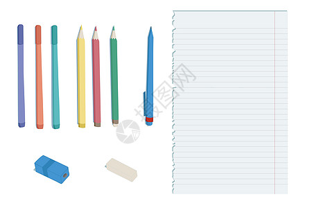 简单的学校用品 用于学习几支彩色铅笔和记号笔 靠近清晰的内衬纸卷笔刀和橡胶 平面样式矢量图教育补给品绘画艺术乐器创造力学生工作笔图片