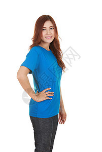 穿T恤的年轻美女旁观蓝色成人女孩空白女性牛仔裤白色冒充青色肩膀图片