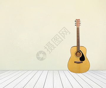 在空空房间里的吉他墙纸白色木地板空白地面音乐木头乐器工作室风格图片