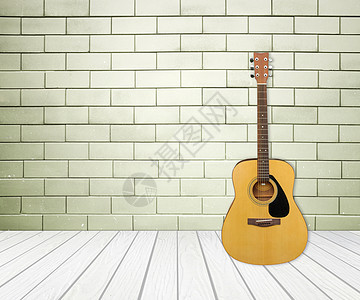 在空空房间里的吉他装饰空白声学风格墙纸白色音乐乐器棕色工作室图片