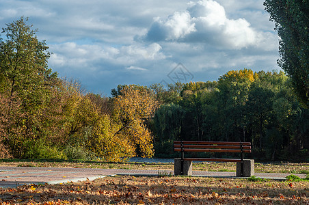 乌克兰2019 年 10 月 11 日 Colorfull 落树在罗斯河附近的小公园叶子公园橙子小路座位树叶孤独风景长椅场景图片