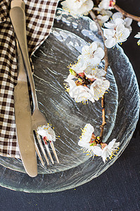 配桃花开的春季概念桌子樱花表组餐具绿色盘子环境银器餐巾树叶图片