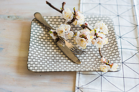 配桃花开的春季概念餐具树叶环境餐巾银器表组盘子玻璃樱花绿色图片