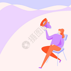 女人画拿着扩音器坐在椅子上 双腿交叉 背着扩音器音频设备坐在长椅上演讲男人创造力教育计算机图形乐趣庆典推介会竞赛图片