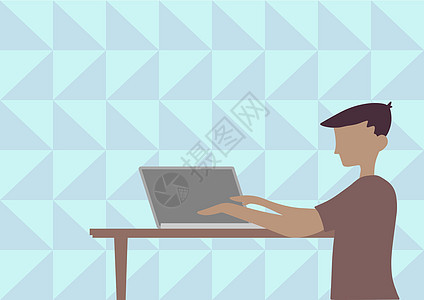 商务人士站立绘图使用放在木桌上的笔记本电脑 绅士坐设计使用笔记本电脑显示办公效率男性创造力经理男孩们女性技术互联网桌子蓝色职业图片