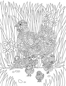 小鸡和婴儿在高高的草丛中休息无色线条画 小鸡围着妈妈 花朵和叶子着色书页图片