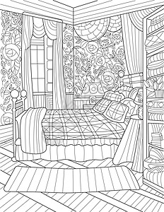 卧室无色线条画大床开窗边桌长窗帘 卧室与华丽的壁纸高柜着色书页图片