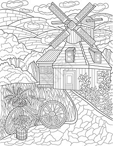带风车的经典农舍旁边有山背景无色线条画的自行车 农田中的老房子被草包围着图片
