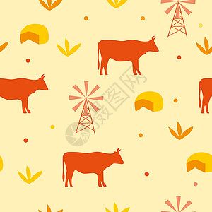 无缝图案背景与牛和奶酪-它制作图案矢量图片