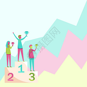 站在领奖台上的三名参赛者手拿奖杯庆祝胜利 参赛者站在平台上绘画 他们戴着奖牌 拿着比赛杯墙纸成人幸福团队计算机营销活动卡通片货币图片