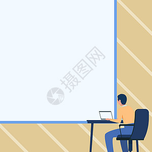 男子绘图坐在扶手椅上使用笔记本电脑放在桌子上与大空白白板 绅士设计坐着使用便携式计算机面对大空板椅子教育职业创造力经理成功男性商图片