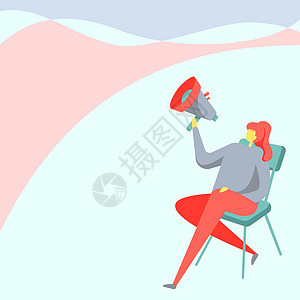 女人画拿着扩音器坐在椅子上 双腿交叉 背着扩音器音频设备坐在长椅上套装图形绘画商业技术演说家成人讨论卡通片经理图片