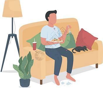 凌乱的男人在沙发上吃东西半扁平颜色矢量特征高清图片