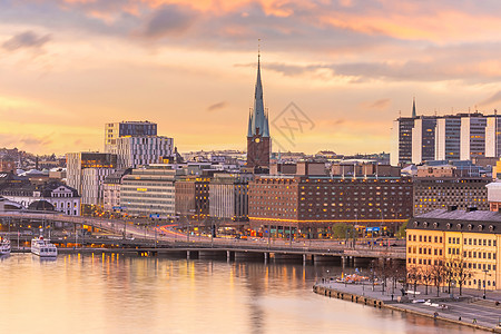 斯德哥尔摩老城市天线 瑞典城市风景地标天际房子风景蓝色天空教会首都旅游日落图片