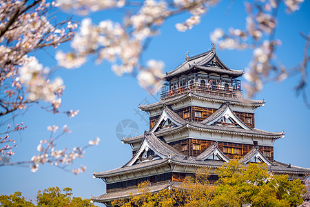 广岛城堡 在日本樱花季节的日间时间公园遗产城市旅游观光纪念碑建筑建筑学历史历史性图片