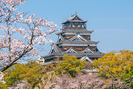 广岛城堡 在日本樱花季节的日间时间旅游旅行景观建筑学历史城市纪念碑遗产地标公园图片