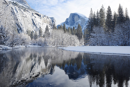 Yosemite 冬季环境公园国家旅游森林白色松树草地风景黑色图片