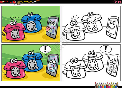 与旧手机和智能手机彩色书页的漫画故事背景图片