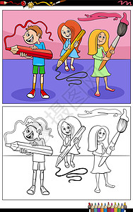 卡通小学生儿童用铅笔涂色书页图片