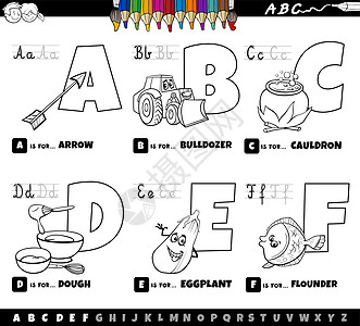 教育卡通字母设置从 A 到 F 彩色书页收藏学习语言首都彩书英语插图染色工作填色图片