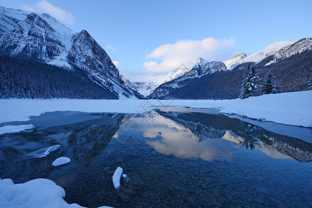 湖湖曲水冬季山脉公园曲棍球假期季节仙境风景雪鞋国家天空图片