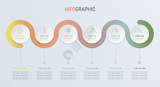 时间线图表设计矢量  6 个选项的圆形工作流程布局 复古色彩的矢量图时间线模板社交商业空白项目脚步推介会报告技术数字插图图片