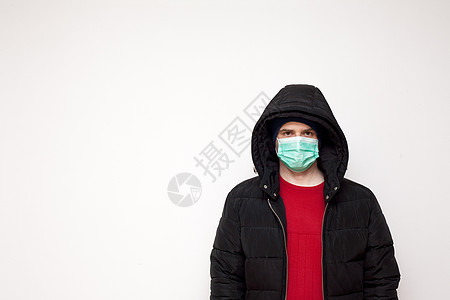 白色背景上戴保护面罩的男子危险黑色安全医疗活动夹克男性面具工作蓝色图片