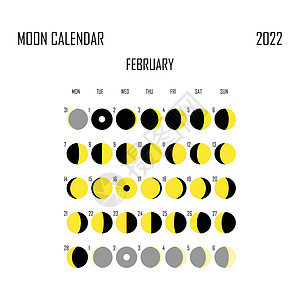 2022 年 2 月月历 占星日历设计 规划师 贴纸的地方 月周期计划器模型 孤立的黑色和白色背景议程卫星天文学月光满月时间数字图片