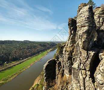 从易北河的巴斯泰观点看  德国撒克逊瑞士国家公园砂岩山脉的美丽风景森林公园远足鸟瞰图岩石吸引力天线爬坡旅行峡谷图片