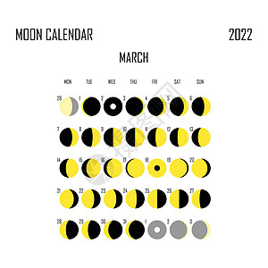 2022 年 3 月月历 占星日历设计 规划师 贴纸的地方 月周期计划器模型 孤立的黑色和白色背景打印主义者行星科学极简月光议程图片