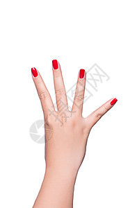 女性用四只手指显示手势的手在白色背景上被隔离图片