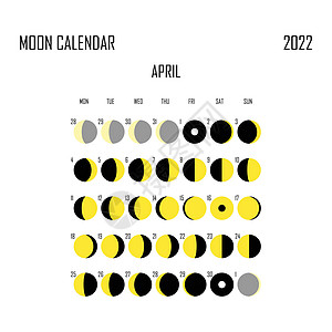 2022 年 4 月月历 占星日历设计 规划师 贴纸的地方 月周期计划器模型 孤立的黑色和白色背景宇宙星星科学主义者时间日程数字图片